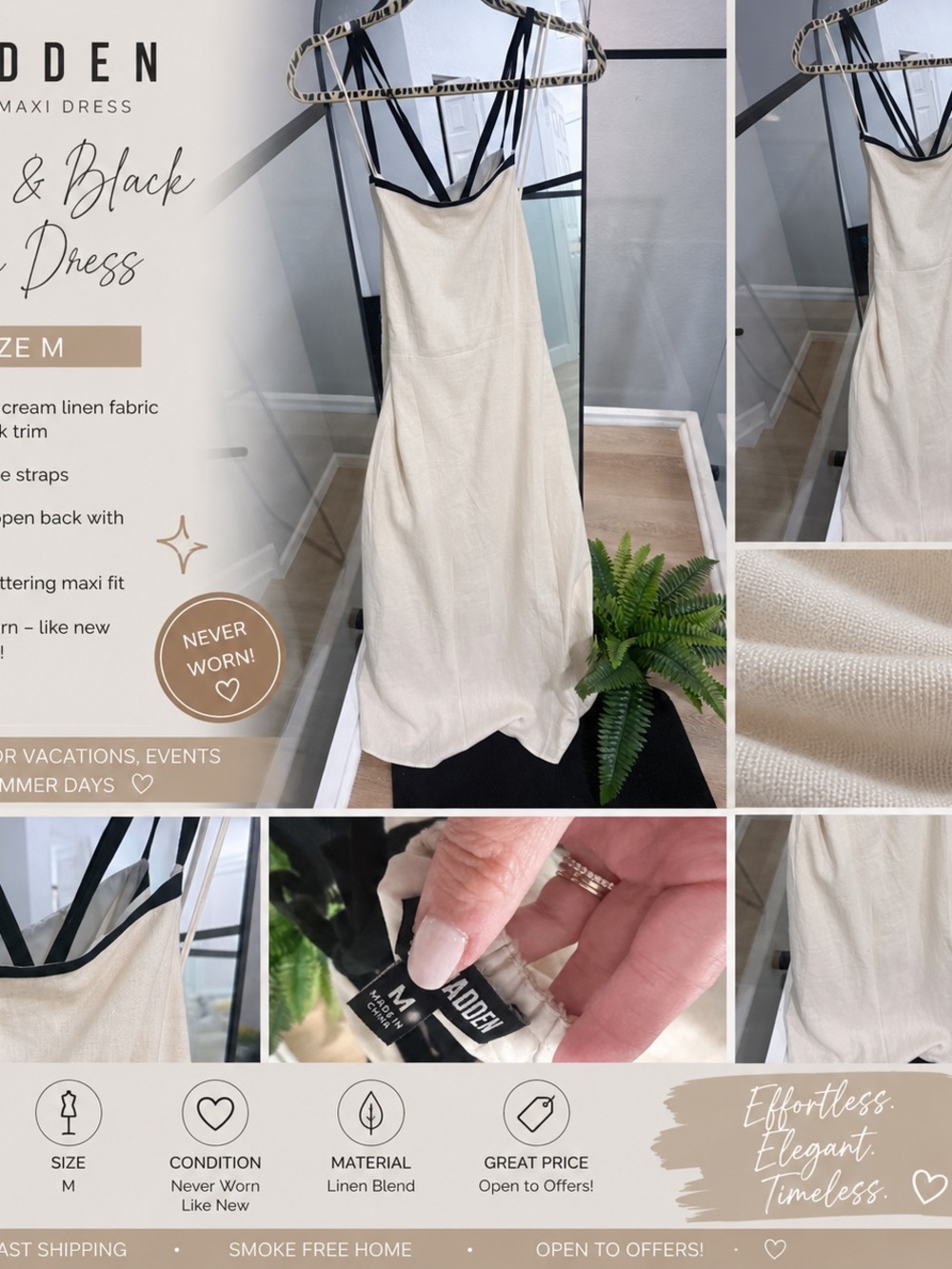 Steve Madden Cream Maxi Slip Dress with Black Trim